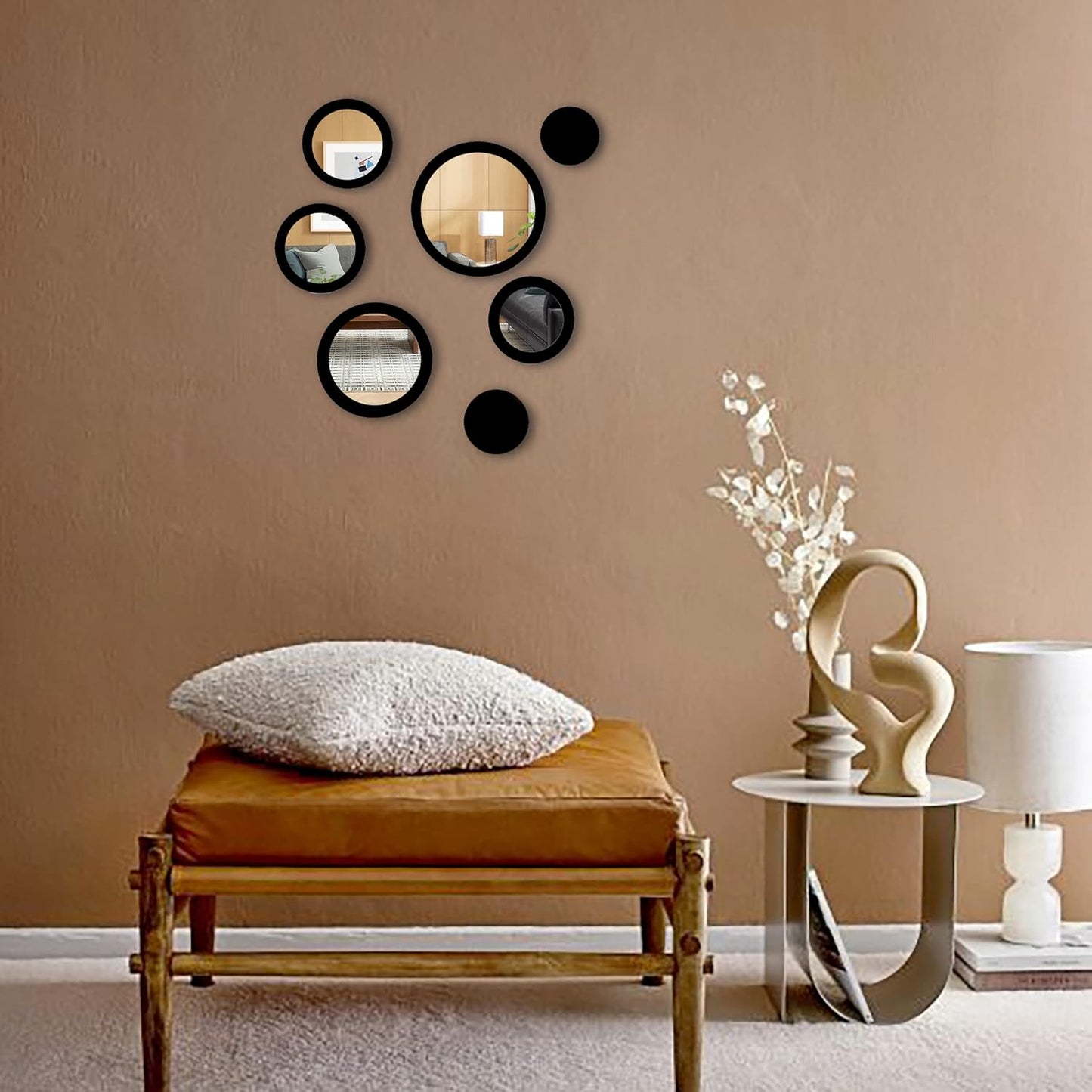 VAH- Kya Bat Hai !! Wall Art Round Black Frame Wall Mirror Sticker for Home, Styles Design Gift for Best Friend, Her, Him (5 Mirror Stickers & 2 MDF Sticker, Framed)