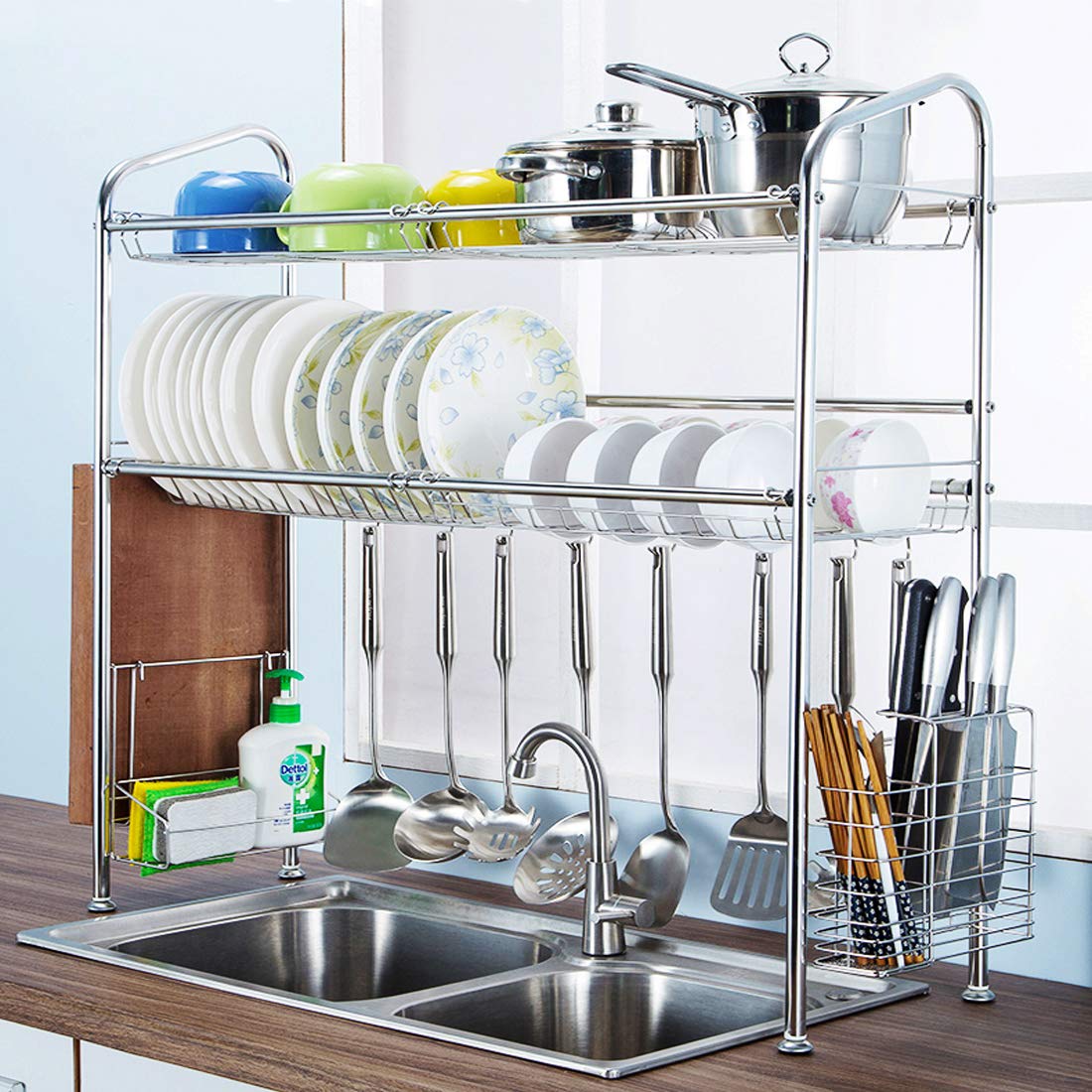 Over The Sink Dish Drying Rack, Haotrend Stainless Steel Dish Rack with Utensil Holder Hooks for Kitchen Counter Non-Slip (2-Tier Dish Rack, 37 inches)