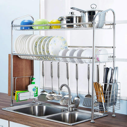 Over The Sink Dish Drying Rack, Haotrend Stainless Steel Dish Rack with Utensil Holder Hooks for Kitchen Counter Non-Slip (2-Tier Dish Rack, 37 inches)