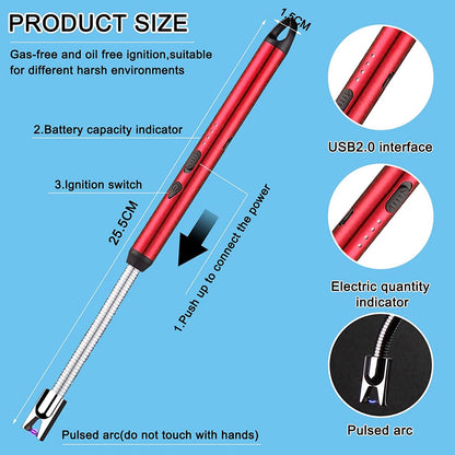 Light Arc, Electric Lighter, USB Rechargeable Electric LED Display Stick Lighter with Long Flexible Neck Suitable for Kitchen, Lights, Gas Stoves, Barbecue (Red)