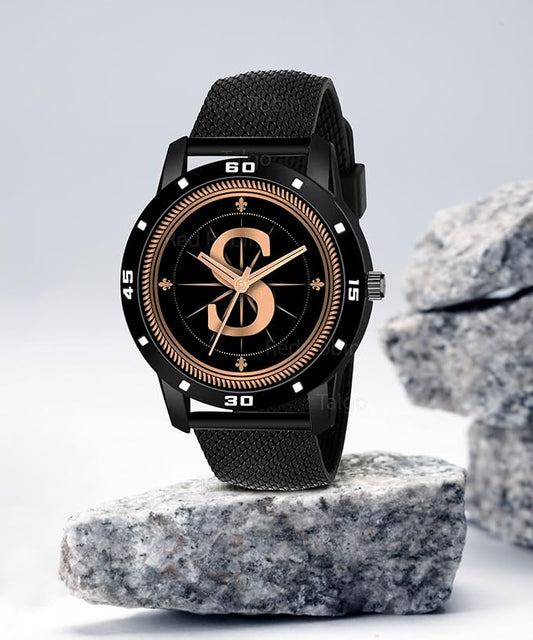 Talgo Analog Round Black Dial ALPHABET S Design Stylish Black Silicone Strap Classic Design Fancy Wrist Watch for Men and Boys, Pack of 1 - ALPHA-S-AVO-BLK-CDBLK