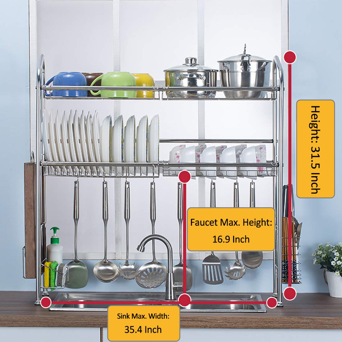 Over The Sink Dish Drying Rack, Haotrend Stainless Steel Dish Rack with Utensil Holder Hooks for Kitchen Counter Non-Slip (2-Tier Dish Rack, 37 inches)