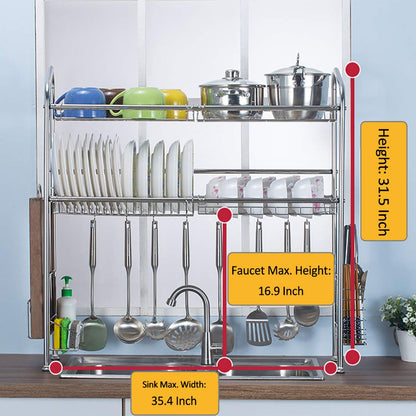 Over The Sink Dish Drying Rack, Haotrend Stainless Steel Dish Rack with Utensil Holder Hooks for Kitchen Counter Non-Slip (2-Tier Dish Rack, 37 inches)