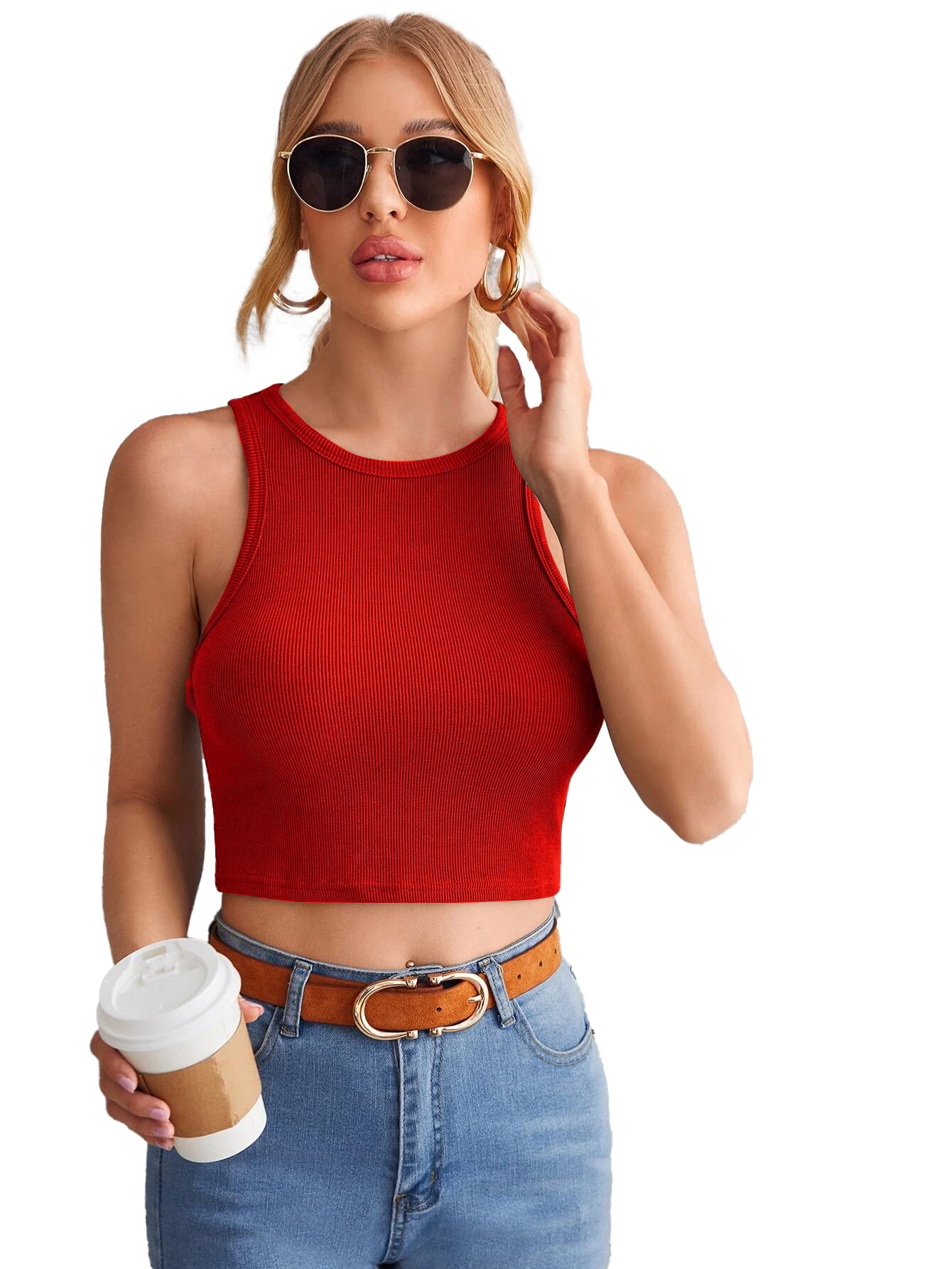 Istyle Can Women's & Girls' Solid Crew Neck Ribbed/Knitted Sleeveless Stretchable Slim Fit Crop Tank Top