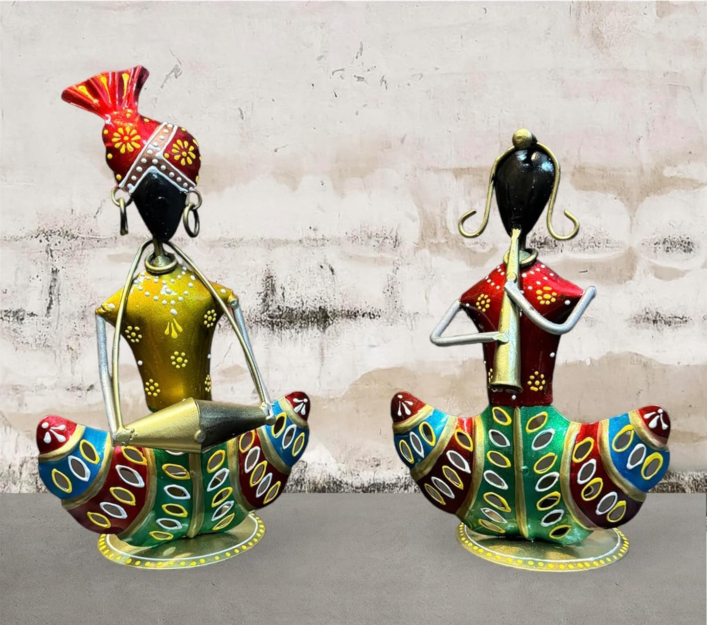 pranjals house Tribal Rajasthani Musician Metal Showpiece, Idol & Statue for Home Living Room Office Bedroom Table Top with Tealight Holder, Perfect for Gifting Size-8.5 x 5 Inches