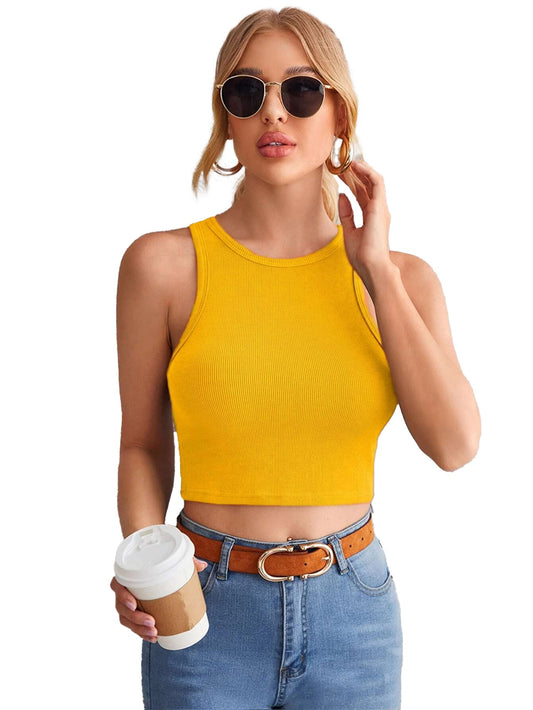 Istyle Can Women's & Girls' Solid Crew Neck Ribbed/Knitted Sleeveless Stretchable Slim Fit Crop Tank Top