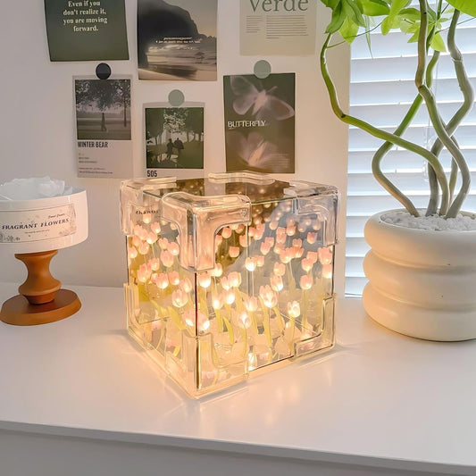 ROMJ Do It Yourself Aesthetic Tulip Cube Lamp – 20 LED Flowers for Desktop, Bedroom & Living Room Décor Best Birthday Gift