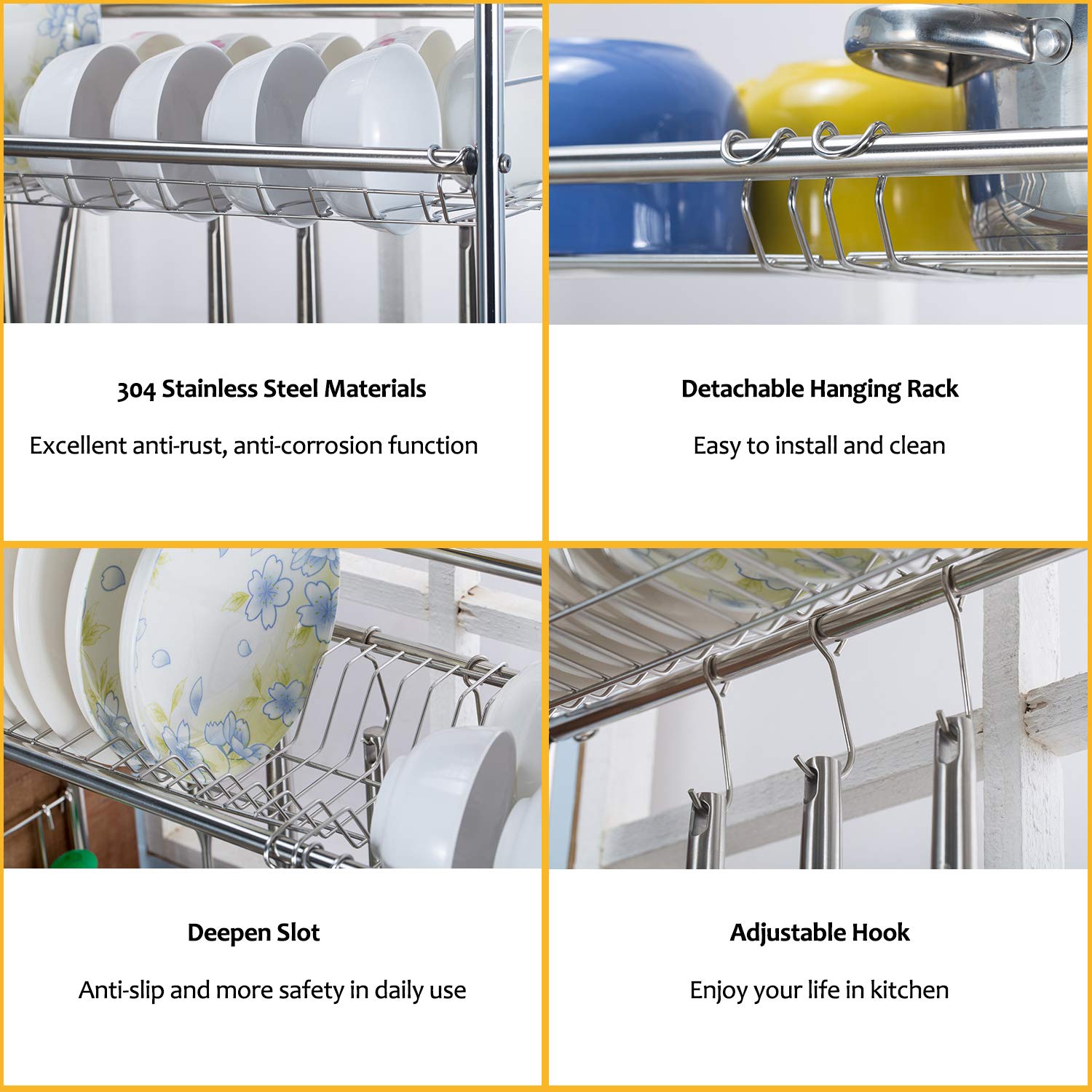 Over The Sink Dish Drying Rack, Haotrend Stainless Steel Dish Rack with Utensil Holder Hooks for Kitchen Counter Non-Slip (2-Tier Dish Rack, 37 inches)