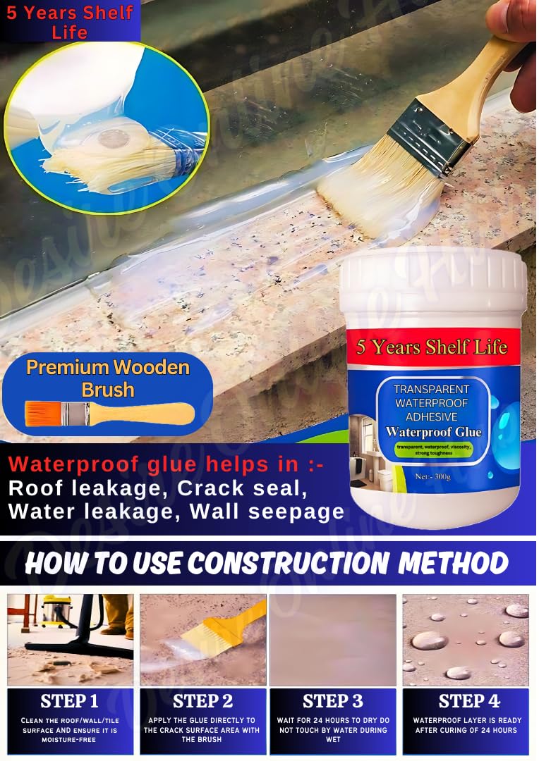 5 years Shelf Life | Acrylic Transparent Waterproof Glue for Roof Crack & Leakage Repair | Crack seal Glue 300g with Brush | Waterproofing Solution for leakage in rain | Non-toxic Environment friendly Pack of 2