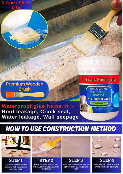 5 years Shelf Life | Acrylic Transparent Waterproof Glue for Roof Crack & Leakage Repair | Crack seal Glue 300g with Brush | Waterproofing Solution for leakage in rain | Non-toxic Environment friendly Pack of 2