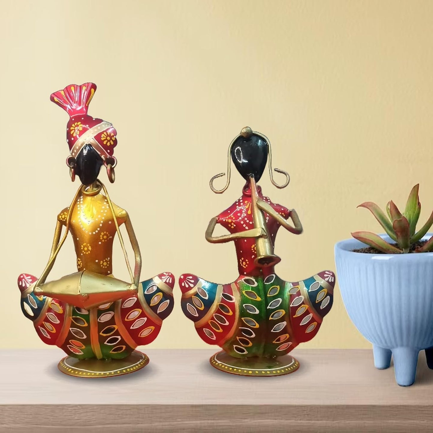 pranjals house Tribal Rajasthani Musician Metal Showpiece, Idol & Statue for Home Living Room Office Bedroom Table Top with Tealight Holder, Perfect for Gifting Size-8.5 x 5 Inches