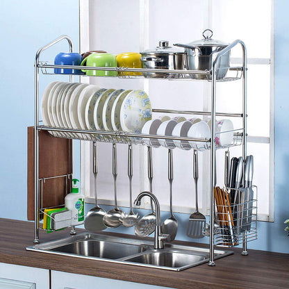 Over The Sink Dish Drying Rack, Haotrend Stainless Steel Dish Rack with Utensil Holder Hooks for Kitchen Counter Non-Slip (2-Tier Dish Rack, 37 inches)