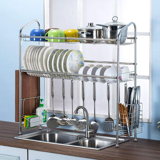Over The Sink Dish Drying Rack, Haotrend Stainless Steel Dish Rack with Utensil Holder Hooks for Kitchen Counter Non-Slip (2-Tier Dish Rack, 37 inches)