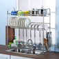 Over The Sink Dish Drying Rack, Haotrend Stainless Steel Dish Rack with Utensil Holder Hooks for Kitchen Counter Non-Slip (2-Tier Dish Rack, 37 inches)