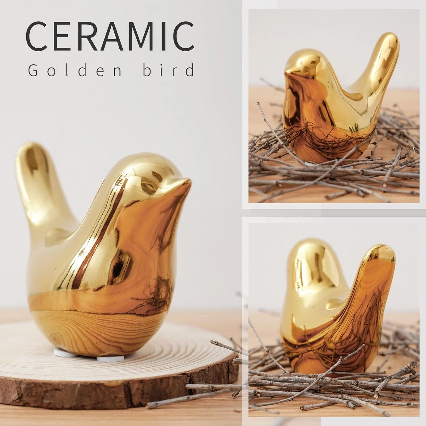 Keskriva Ceramic Blessing Birds Figurine for Home Decor Living Room, Bedroom, Office Desk, Cabinets Small Animal Statues Cute Modern Love Statue Sculpture Solid Luxurious Fashionable(Pack of 2,Golden