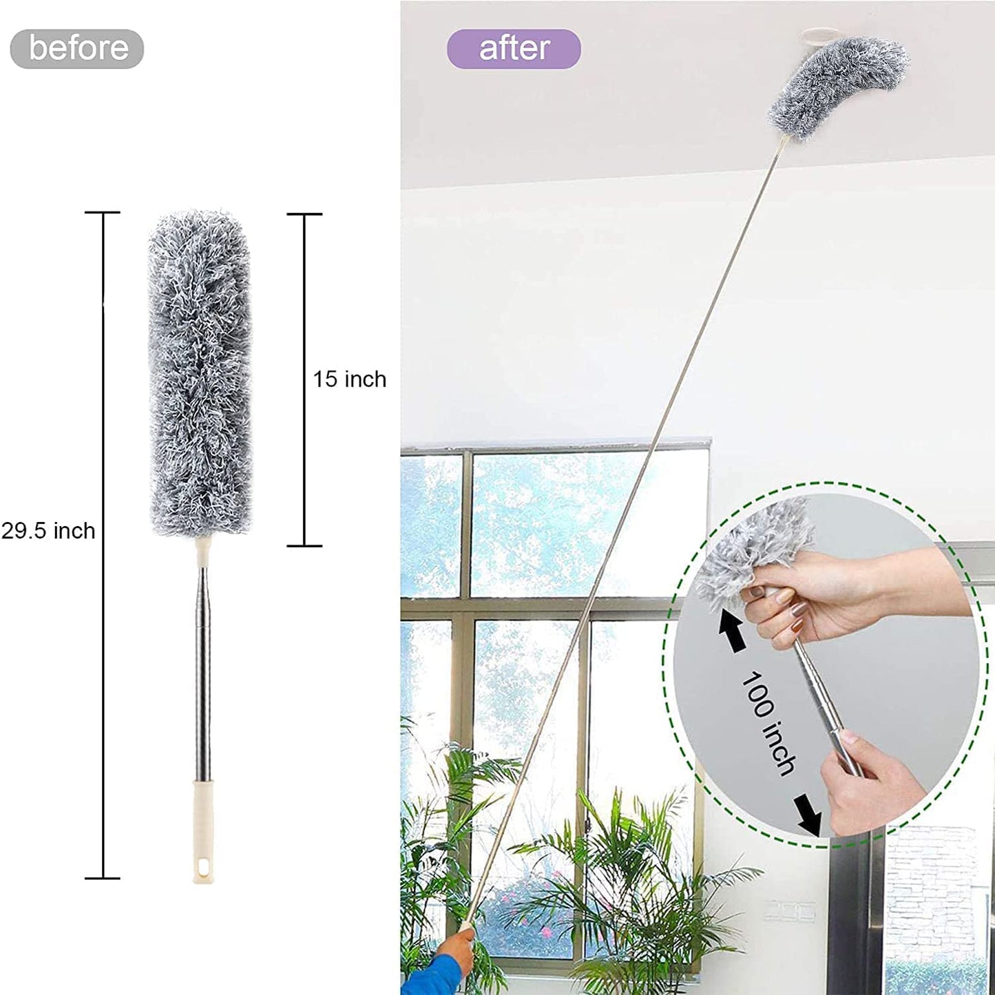 Microfiber Feather Duster Bendable & Extendable Fan Cleaning Mop with Long Rod 100 inches Expandable Pole Handle