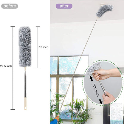 Microfiber Feather Duster Bendable & Extendable Fan Cleaning Mop with Long Rod 100 inches Expandable Pole Handle