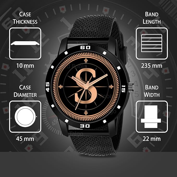 Talgo Analog Round Black Dial ALPHABET S Design Stylish Black Silicone Strap Classic Design Fancy Wrist Watch for Men and Boys, Pack of 1 - ALPHA-S-AVO-BLK-CDBLK
