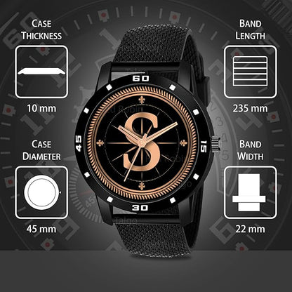 Talgo Analog Round Black Dial ALPHABET S Design Stylish Black Silicone Strap Classic Design Fancy Wrist Watch for Men and Boys, Pack of 1 - ALPHA-S-AVO-BLK-CDBLK