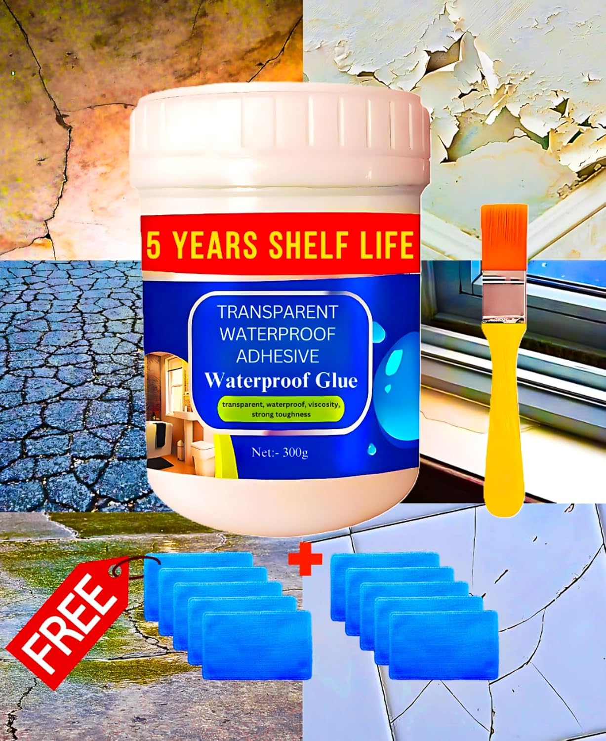 5 years Shelf Life | Acrylic Transparent Waterproof Glue for Roof Crack & Leakage Repair | Crack seal Glue 300g with Brush | Waterproofing Solution for leakage in rain | Non-toxic Environment friendly Pack of 2