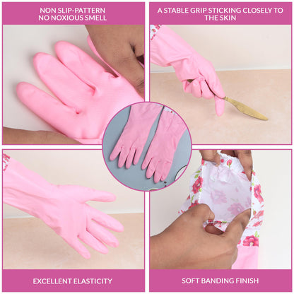 Niwlix Hand Gloves For Kitchen Dishwashing, Gardening, Cleaning Non-Slippery & Durable Long Elbow Length (Pink)
