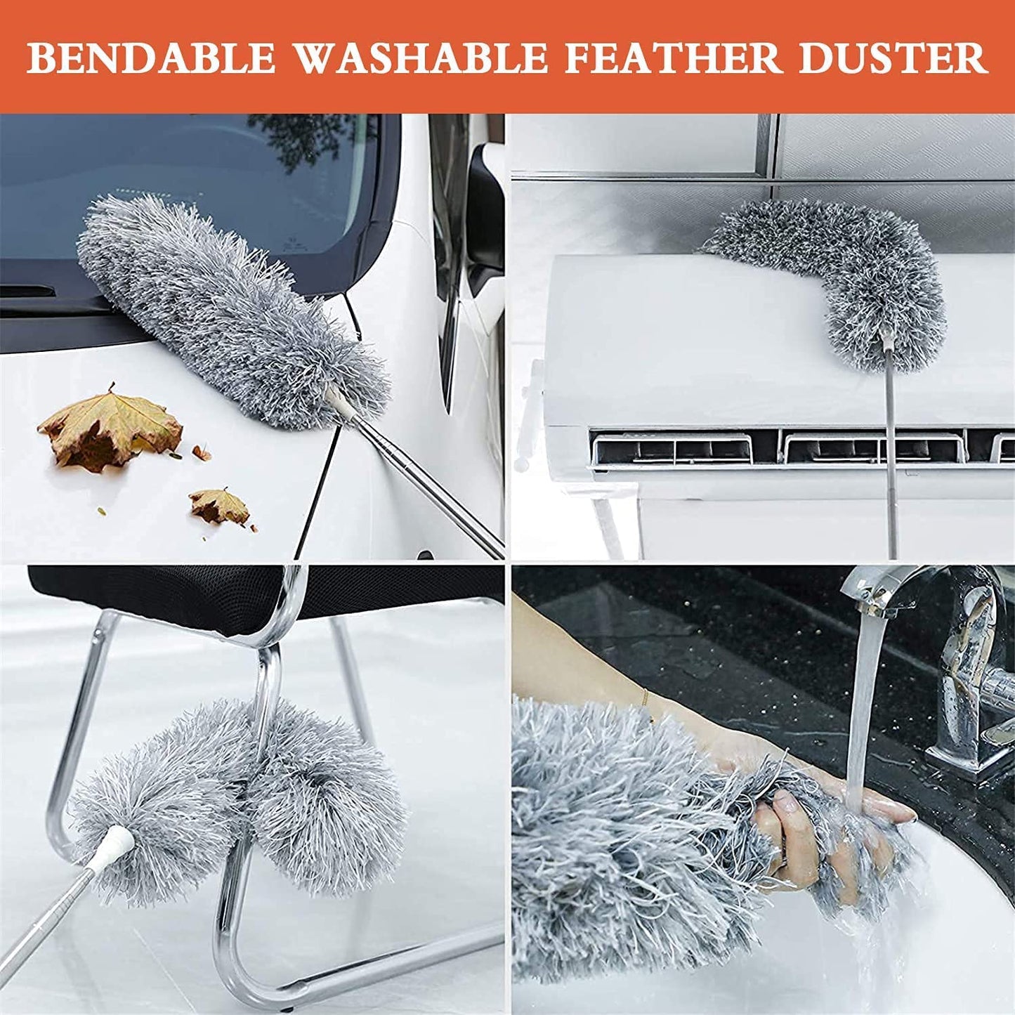 Microfiber Feather Duster Bendable & Extendable Fan Cleaning Mop with Long Rod 100 inches Expandable Pole Handle