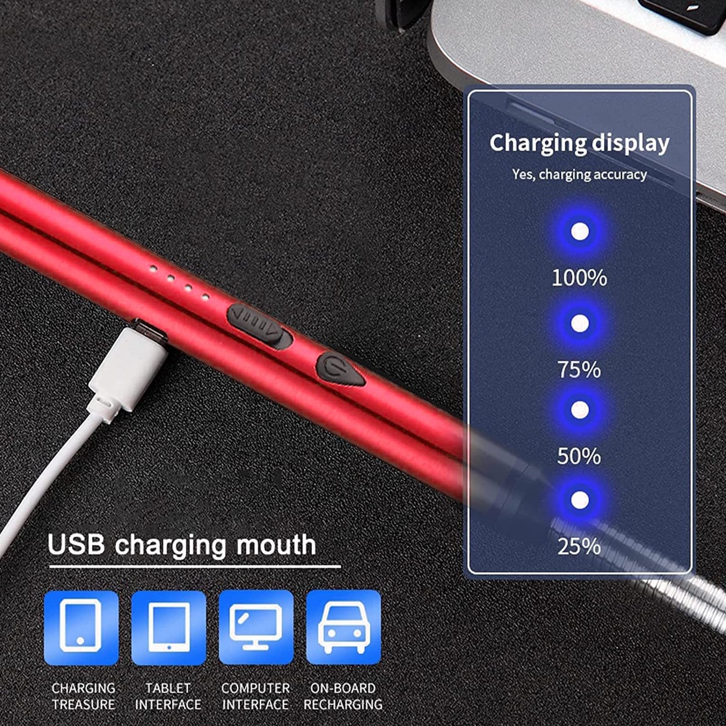 Light Arc, Electric Lighter, USB Rechargeable Electric LED Display Stick Lighter with Long Flexible Neck Suitable for Kitchen, Lights, Gas Stoves, Barbecue (Red)