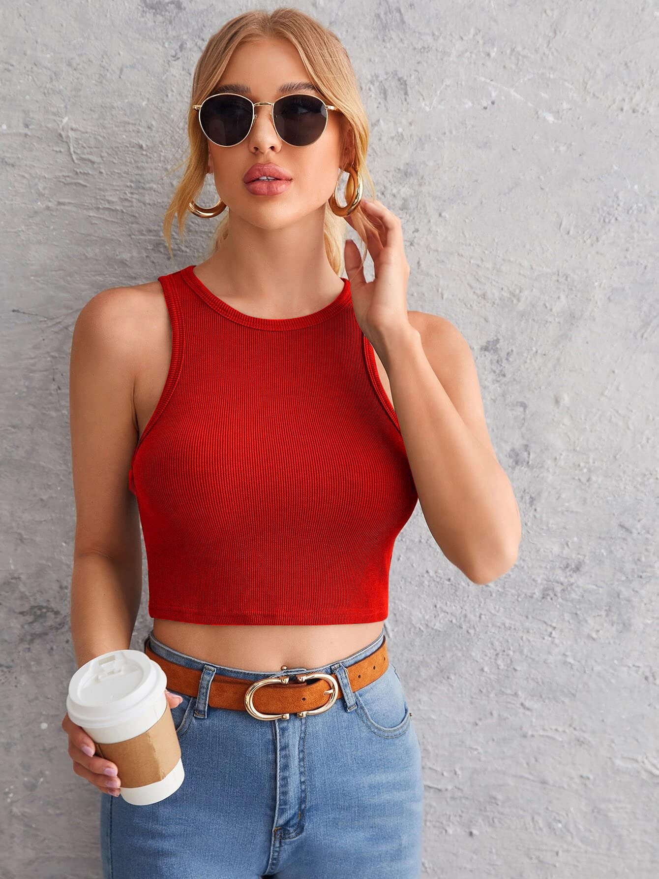 Istyle Can Women's & Girls' Solid Crew Neck Ribbed/Knitted Sleeveless Stretchable Slim Fit Crop Tank Top