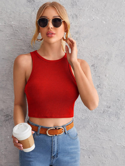 Istyle Can Women's & Girls' Solid Crew Neck Ribbed/Knitted Sleeveless Stretchable Slim Fit Crop Tank Top