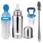 4-in-1 Baby Feeding Essentials Set – Stainless Steel Feeding Bottle, Soft Feeding Spoon, Fruit Nibbler & Bottle Cleaning Brush