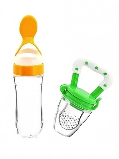 4-in-1 Baby Feeding Essentials Set – Stainless Steel Feeding Bottle, Soft Feeding Spoon, Fruit Nibbler & Bottle Cleaning Brush